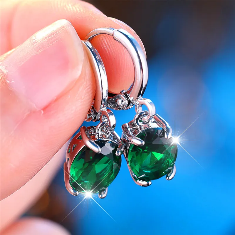 Cute Female Green Oval Zircon Stone Clip Earrings Charm Silver Color Wedding Jewelry For Women