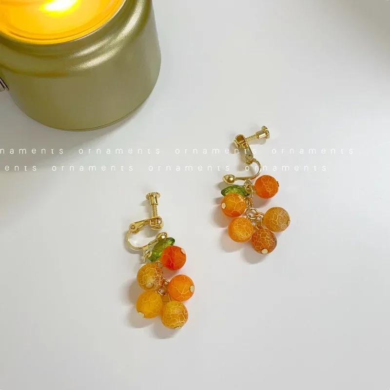 Cute Pink Peach Stawberry Ear Clips Earrings Girl Gifts Fresh Fruits Purple Green Grapes Clip on Earrings for Women Non Pierced
