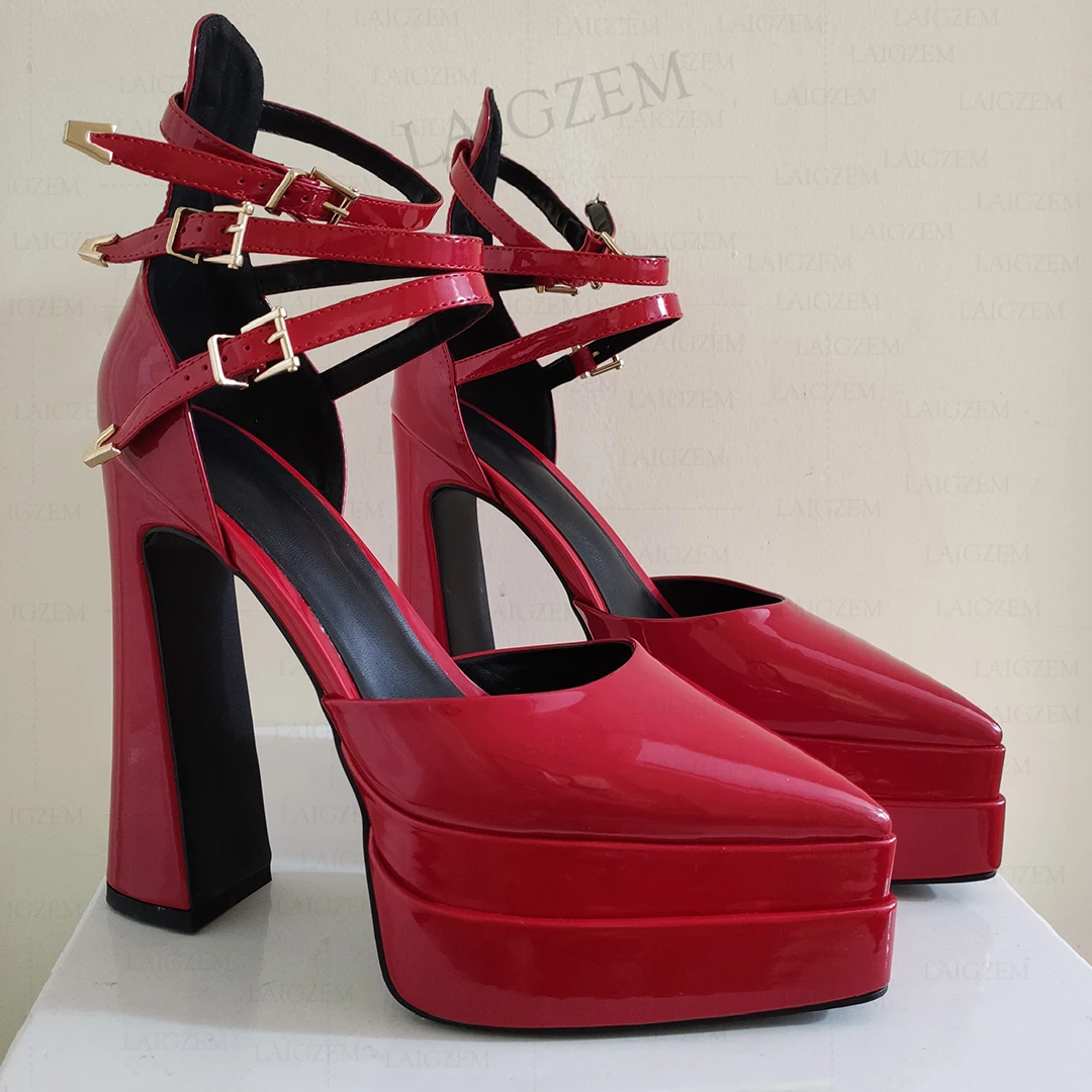 

SEIIHEM Women Pumps Shiny Pointed Toe Thick High Heels Cosplay Buckle Strap Prom Ladies Handmade Shoes Woman Big Size 36 42 43