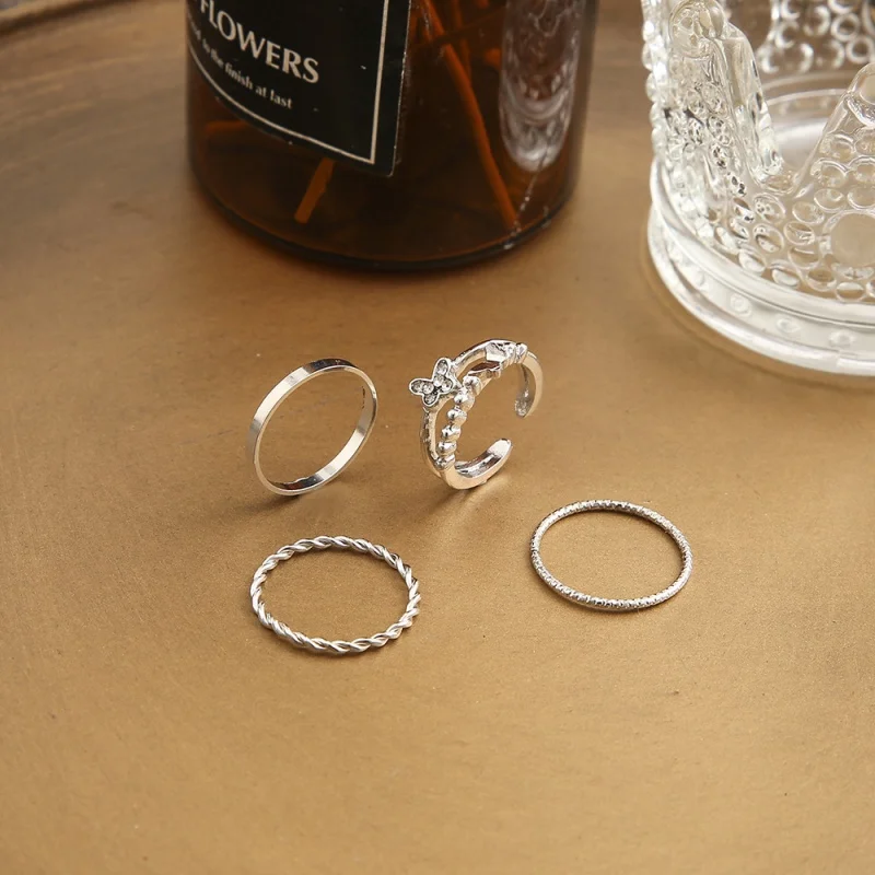 4Pcs Plain Circle Butterfly Ring Set Silver Color Opening Adjustable Fashion Personalized Finger Ring For Women Trendy Jewelry