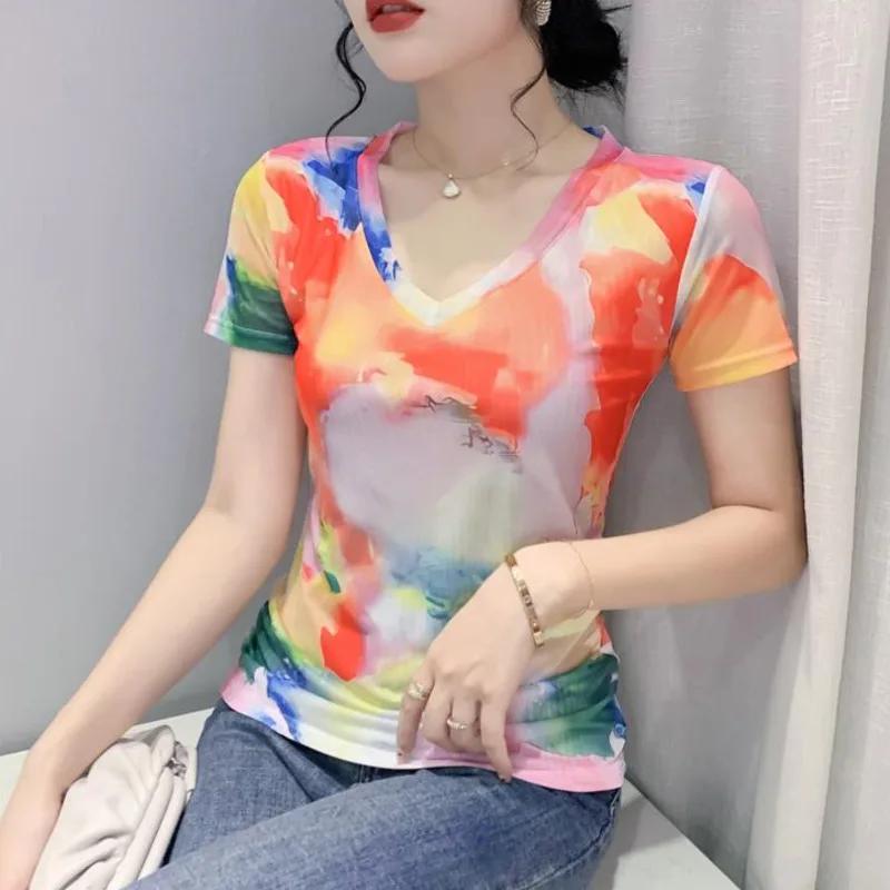 

Tie Dye T Shirt Women V-neck Sexy Thin Short Elastic Tshirt Short Sleeve Slim Korean Style Mesh Tee Summer T Shirt Girl