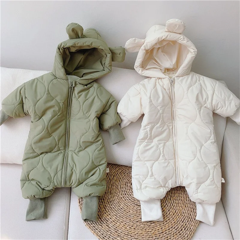 

Cute Ears Hat Baby Fur Ling Hooded Rompers Winter Warm Velvet Toddler Boys Snowsuit Jumpsuit Korean Style Children Clothing