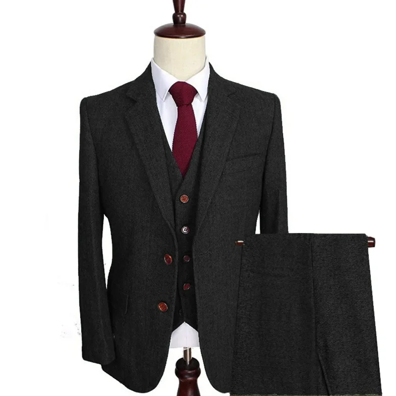 Black Men Suit 3 Pieces Tweed Formal Lapel Notch Regular Wedding Groom Banquet Work Tuxedos Set Jacket Vest With Pants