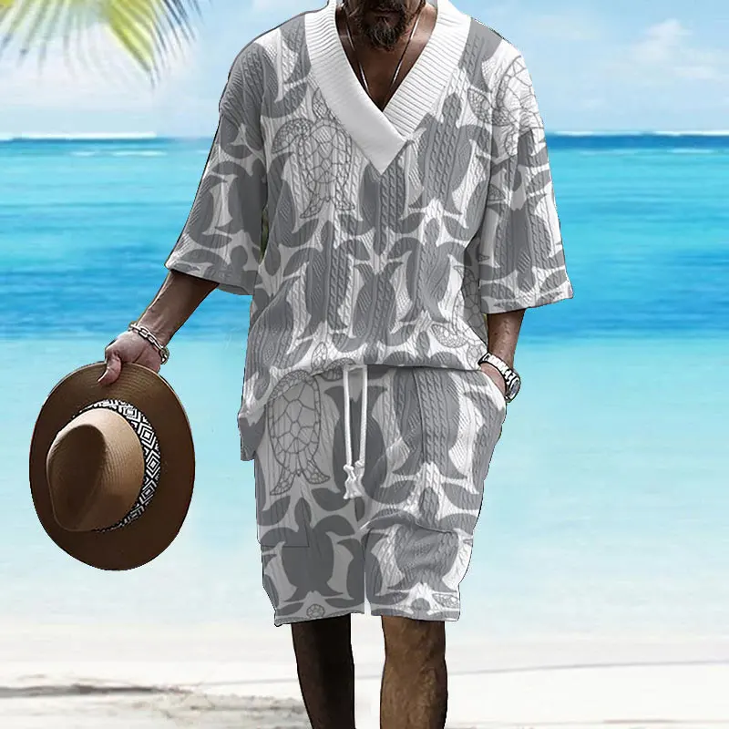 

2024 Summer New Men's Set Stylish Casual Hawaiian Style Beach Vacation Men's Clothing V-neck T-shirt And Shorts Two-piece Set