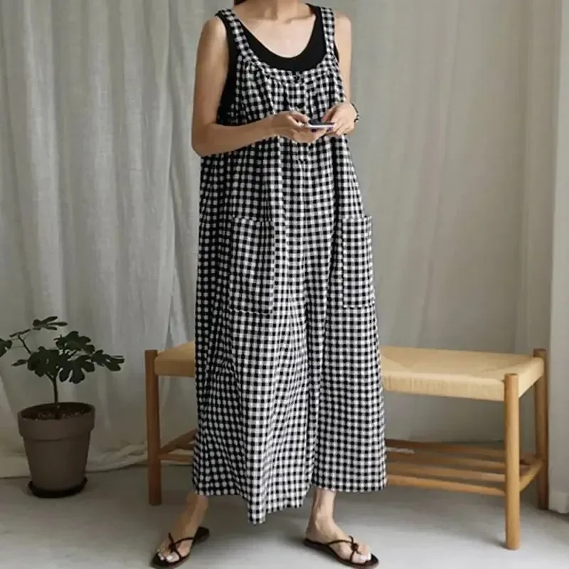 2024 Fashion Women Plaid Playsuits Summer Bohemian Jumpsuits Vintage Wide Leg Pants Casual Sleeveless Trousers Overalls