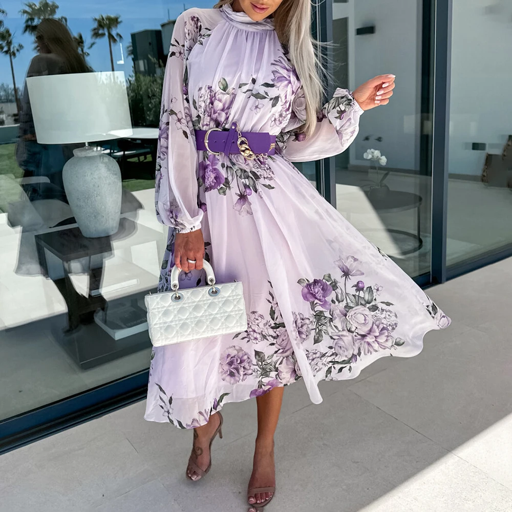 

Fashion Maxi Dress Lady Elegant Boho Print Irregular Half Sleeve V Neck Chiffon A Line Dress Casual Office Women Vetidos Robes
