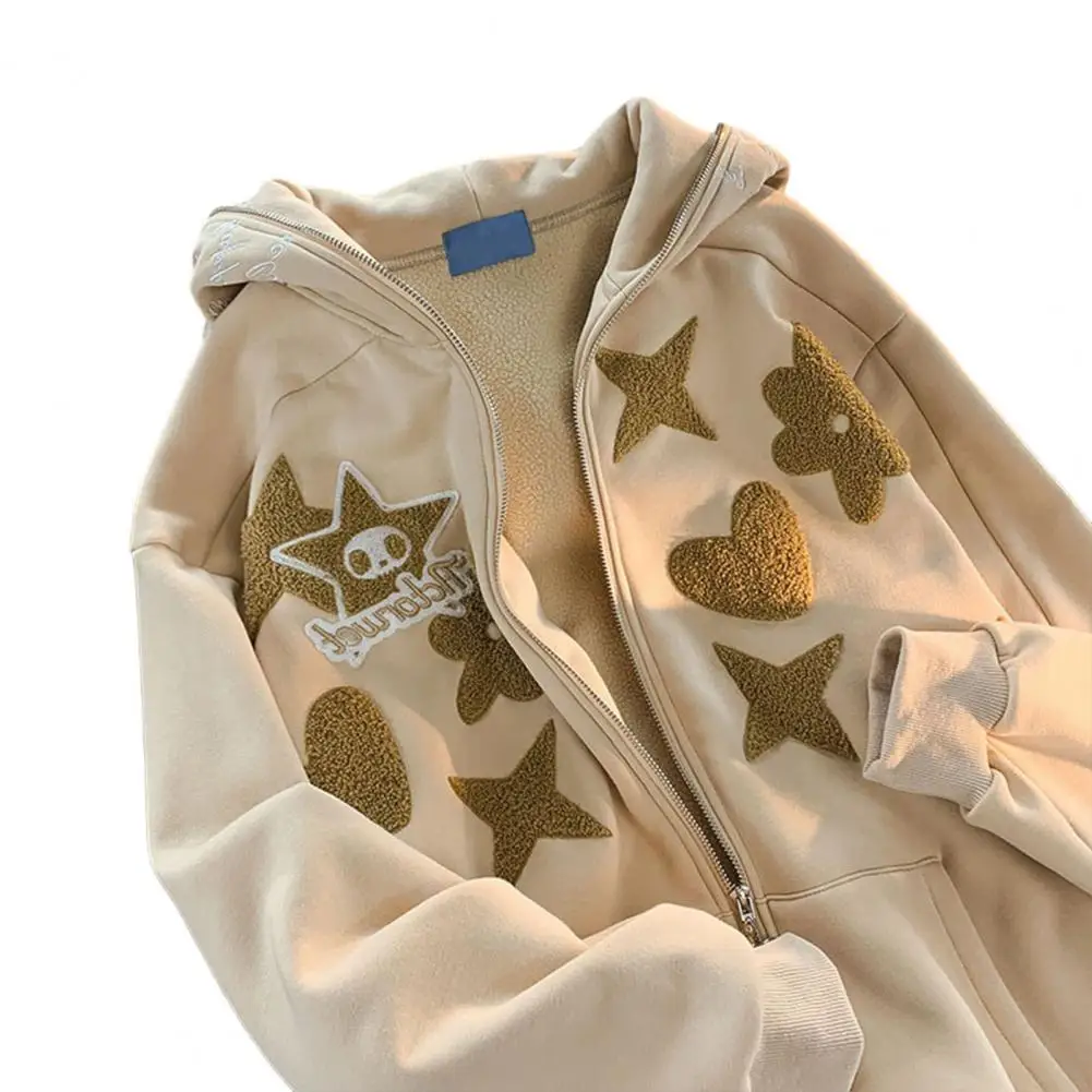 

Casual Women Coat Autumn Winter Women's Hooded Coat Embroidered Letter Patch Star Detail Zipper Pocket Casual for Ladies