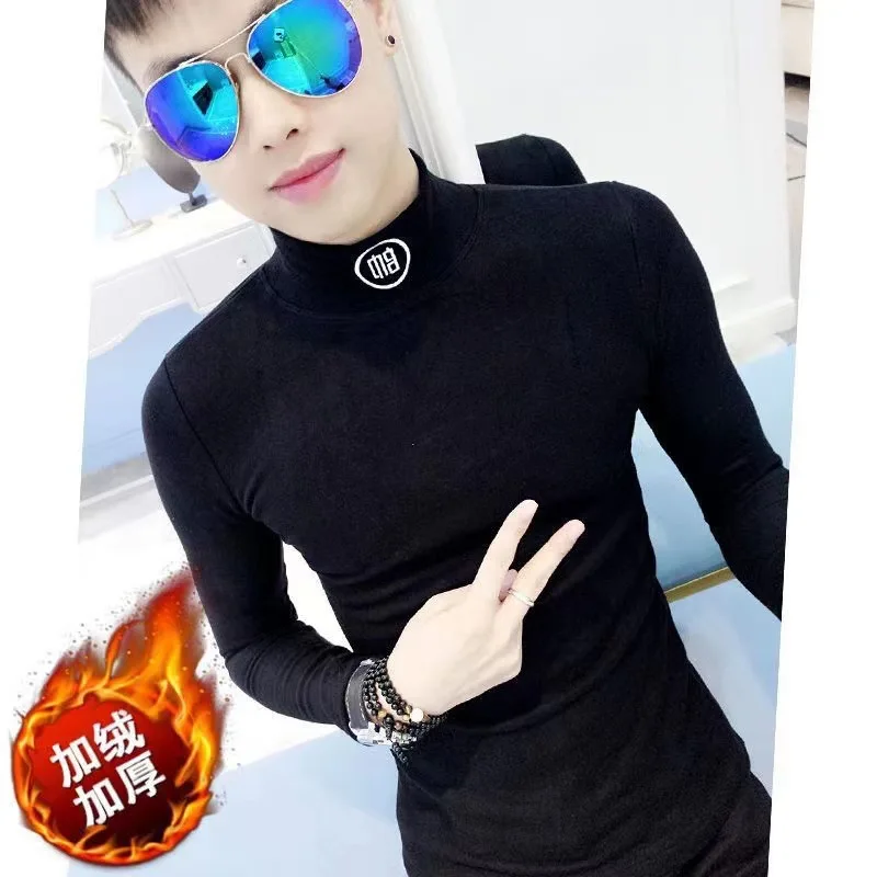 Autumn and Winter Solid Color Turtleneck Tight Bottoming Shirt Men's Korean-Style Slim Fit Stretch Fleece Slimming Versatile Lon