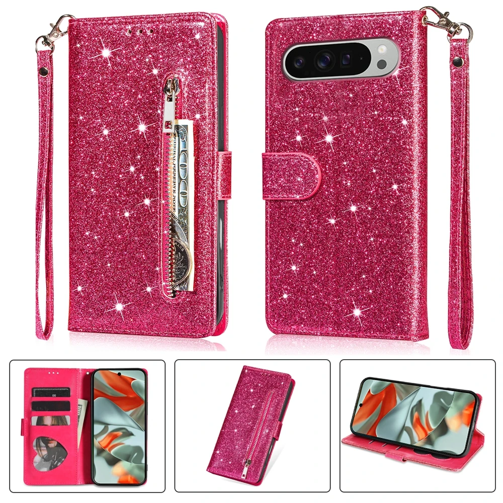 Glitter Wrist Strap Leather Flip Kickstand Wallet Phone Case with Card Holder