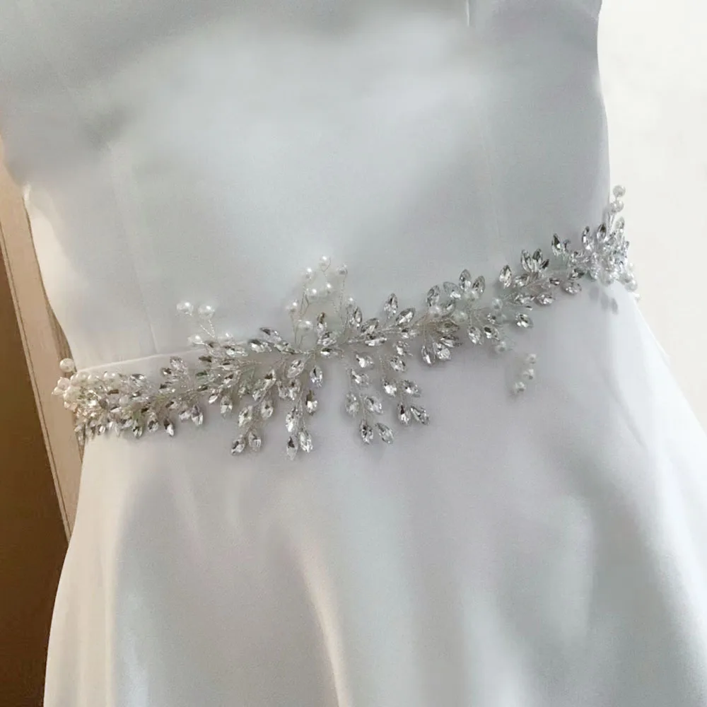 S42 Silver Bridal Belts Female Belt Pearls Wedding Dress Accessories Luxury Leaves Belt Bridesmaid Sash Rhinestone Women Belts
