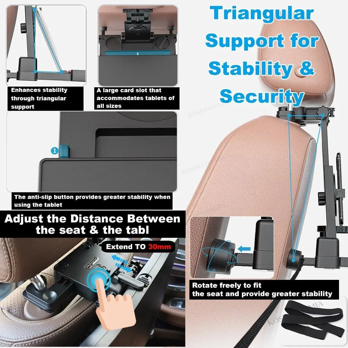 Tavolino da Viaggio per Auto Multifunzionale, Tavolo Regolabile per Sedile Posteriore, Vassoio da Viaggio con Porta Cellulare e Portabicchieri, Accessori Interni - Image 2