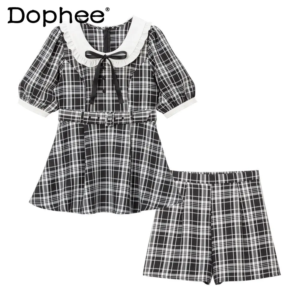 Japanese Style Summer New Round Neck Slim Fit Short Sleeve Shirt Shorts Set for Women Bow Plaid Blouse Top Shorts Two Pieces Set