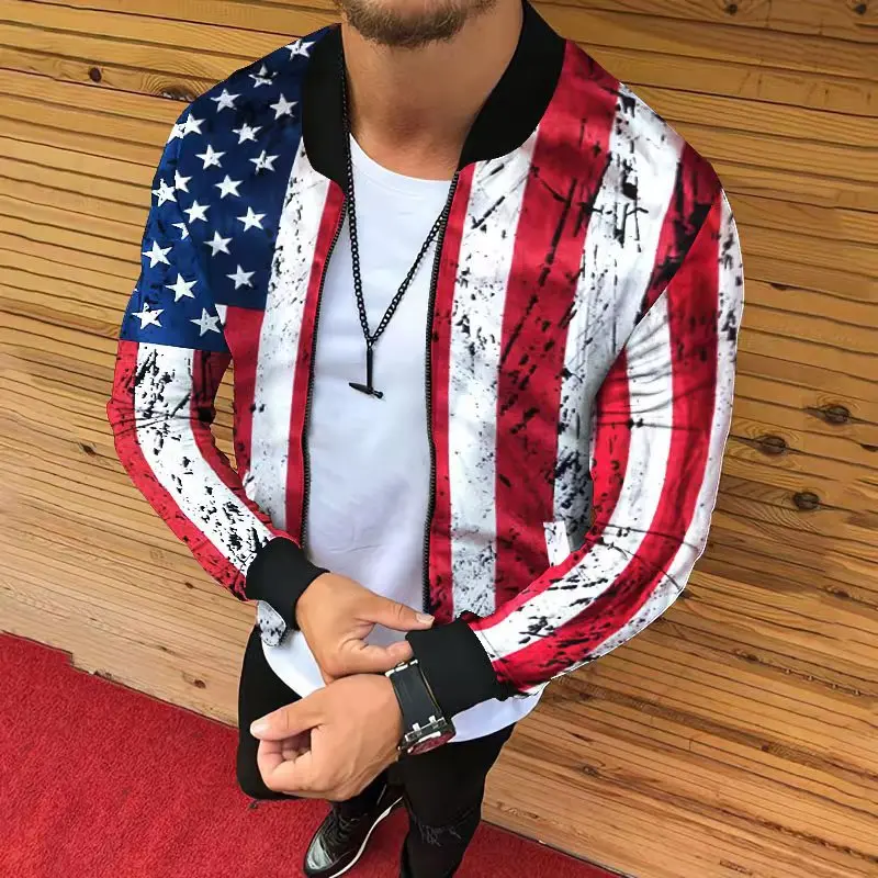 Y2k Chaqueta Autumn New Men USA Flag Print Bomber Jackets Outwear Mens Baseball Collar Jacket Coat Clothes Zip Up Veste Homme