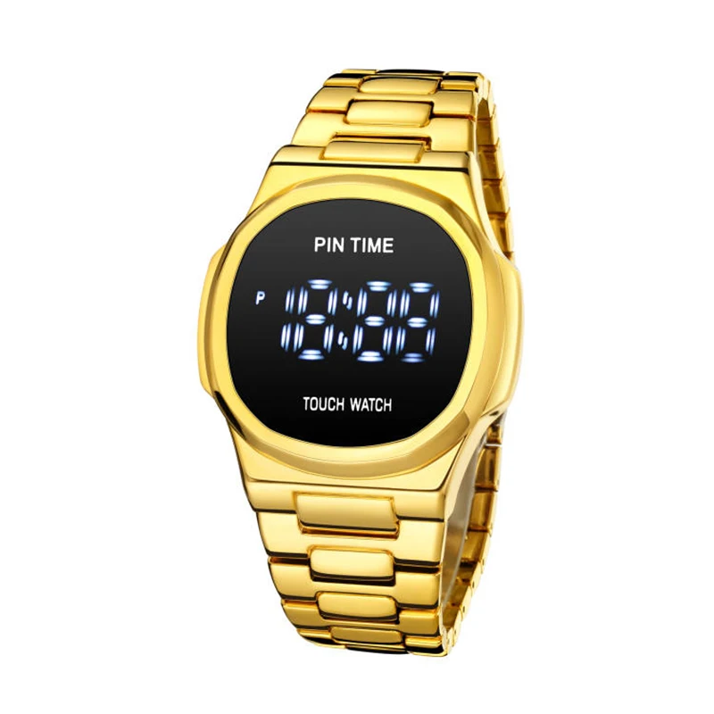Pintime Men Digital Watch Gold Fashion Led Display Square Quartz