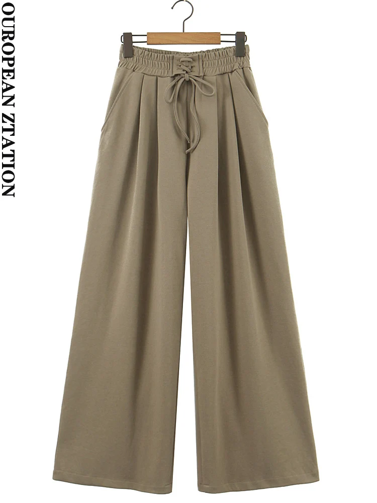 

PAILETE Women 2022 fashion side pockets wide leg pants vintage high elastic waist with drawstring female trousers mujer