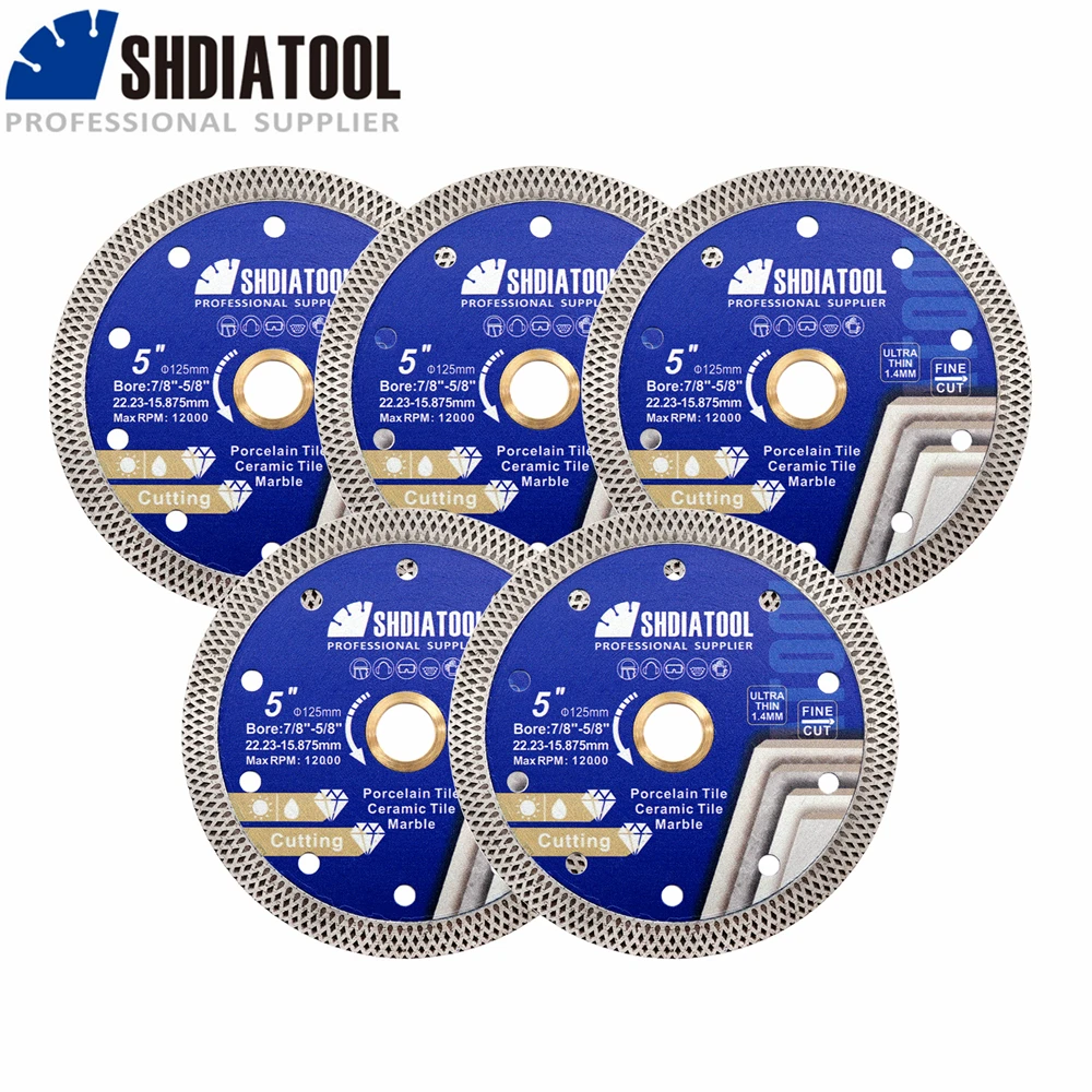 SHDIATOOL 5Pcs 125mm Diamond Superthin Mesh Saw Blade Cutting Disc Ceramic Tile Marble Stone Angle Grinder 5Inch Circular Cutter