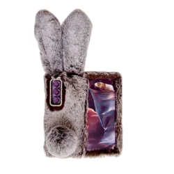 Plush Bunny Fur 3D Phone Case - Fluffy Cute Rabbit Design Silicone Cover - Z Flip 4 (Grey)
