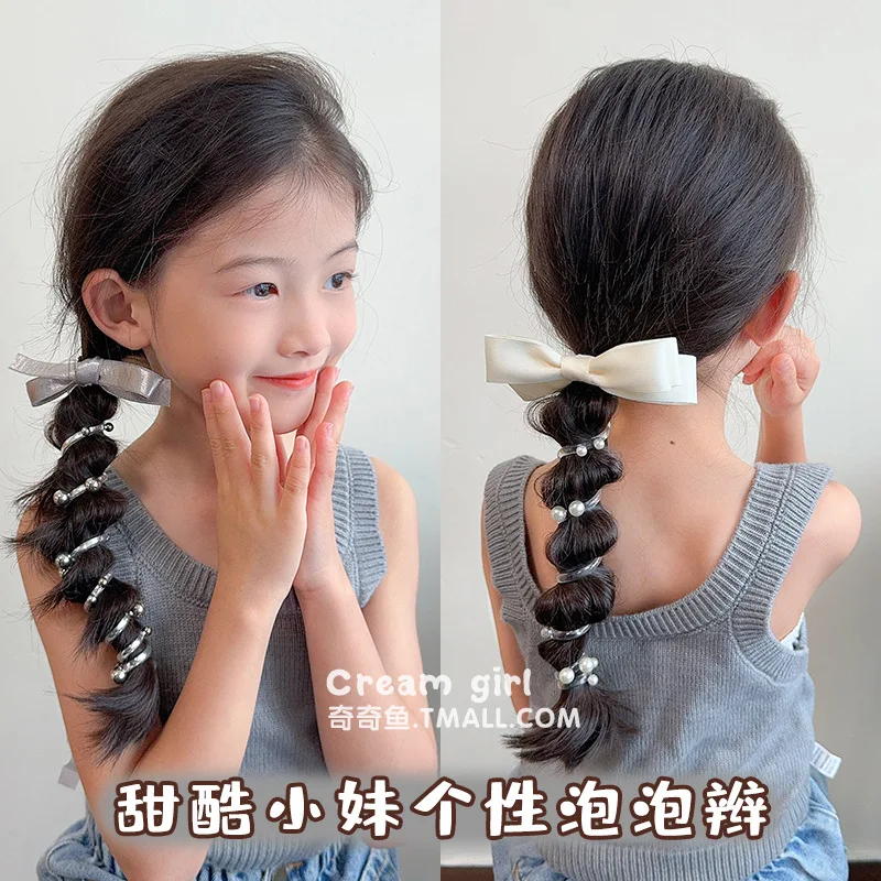Children's Silver Bow Hair Band Girls Beads Phone Line Headband Ponytail Girl Bubble Braid Hair Artifact