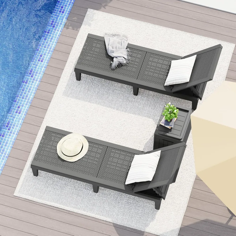 Outdoor Patio Chaise Chair (Set of 2) with 10FT Umbrellas, 5-Position Waterproof Sun Lounger, for Pool, Garden, Black 3