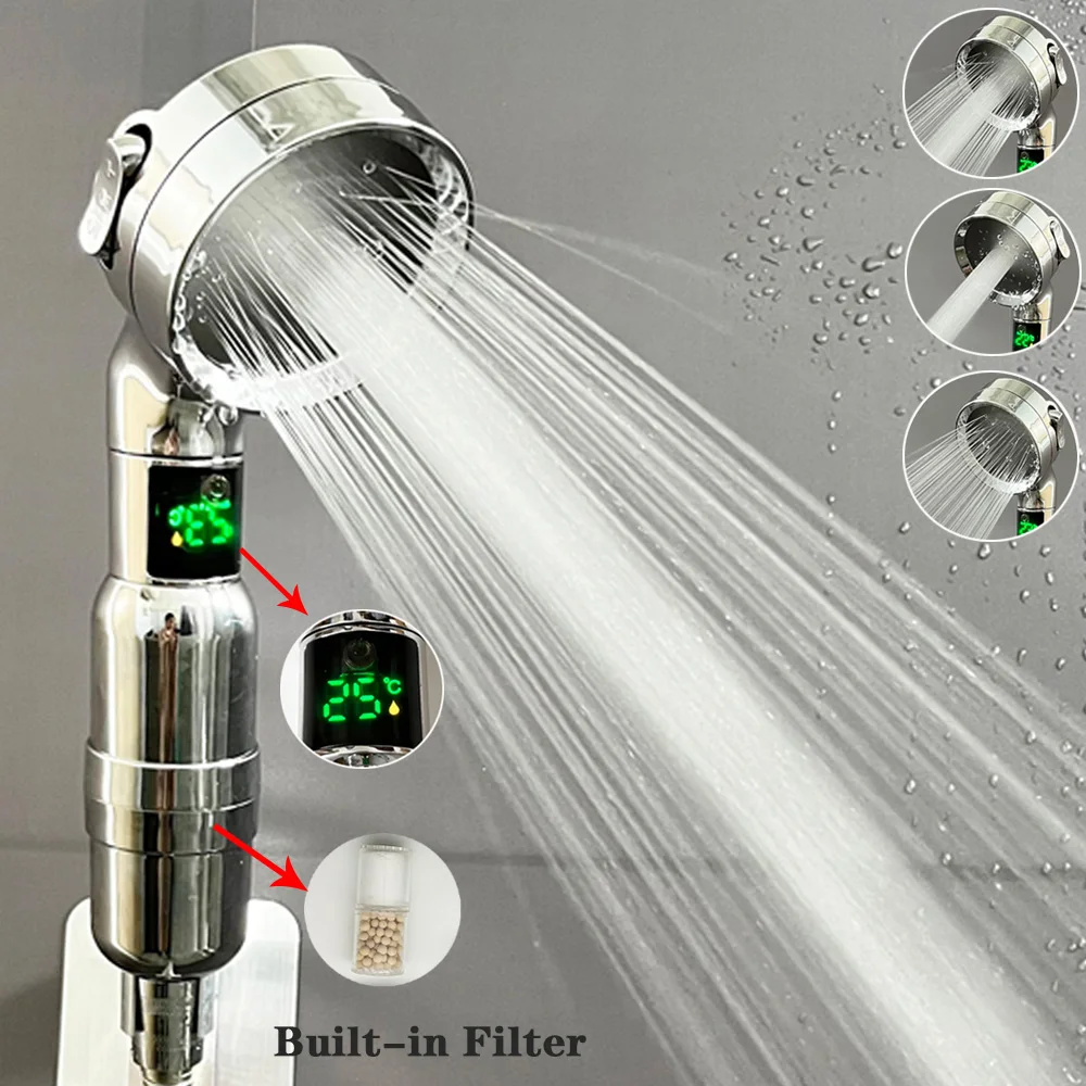 LEDDigitalTemperatureDisplayShowerHeadLargeFlow3ModesFilter