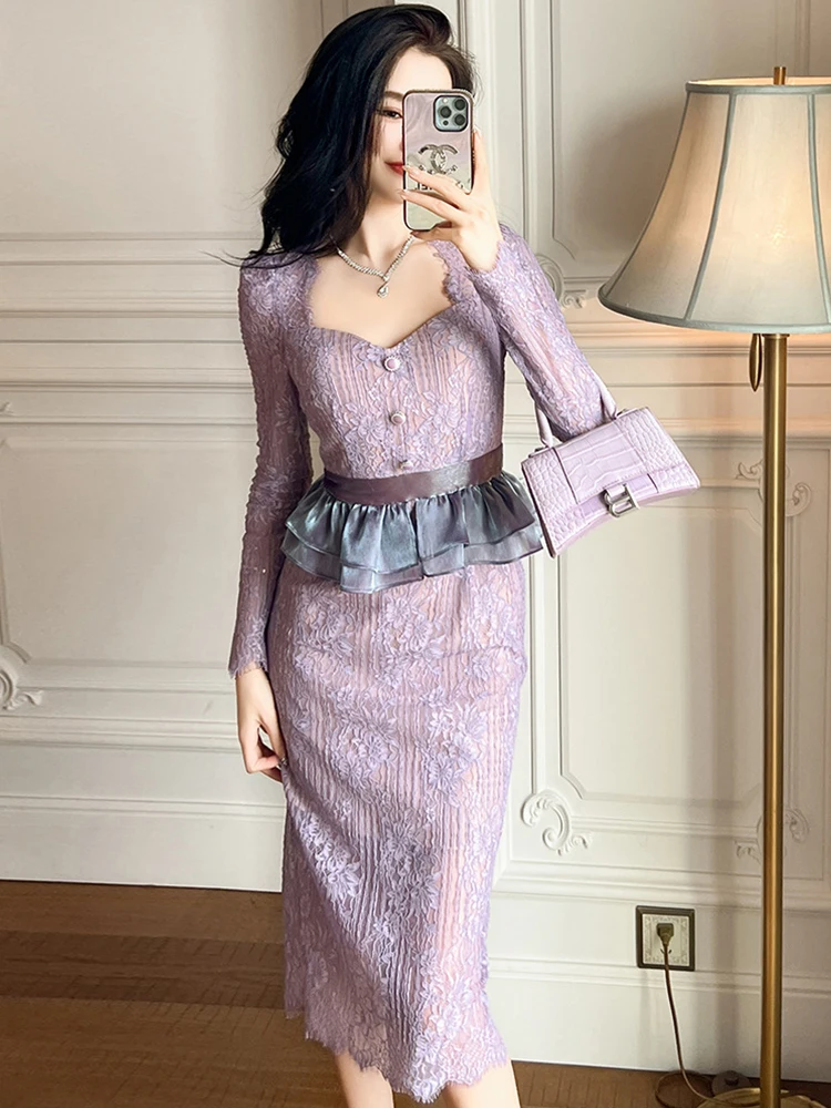 

French Exquisite Elegant Purple Dress Women Lace Hook Flower Hollow out Ruffles Fake 2 Piece Midi Robe Party Banquet Vestidos