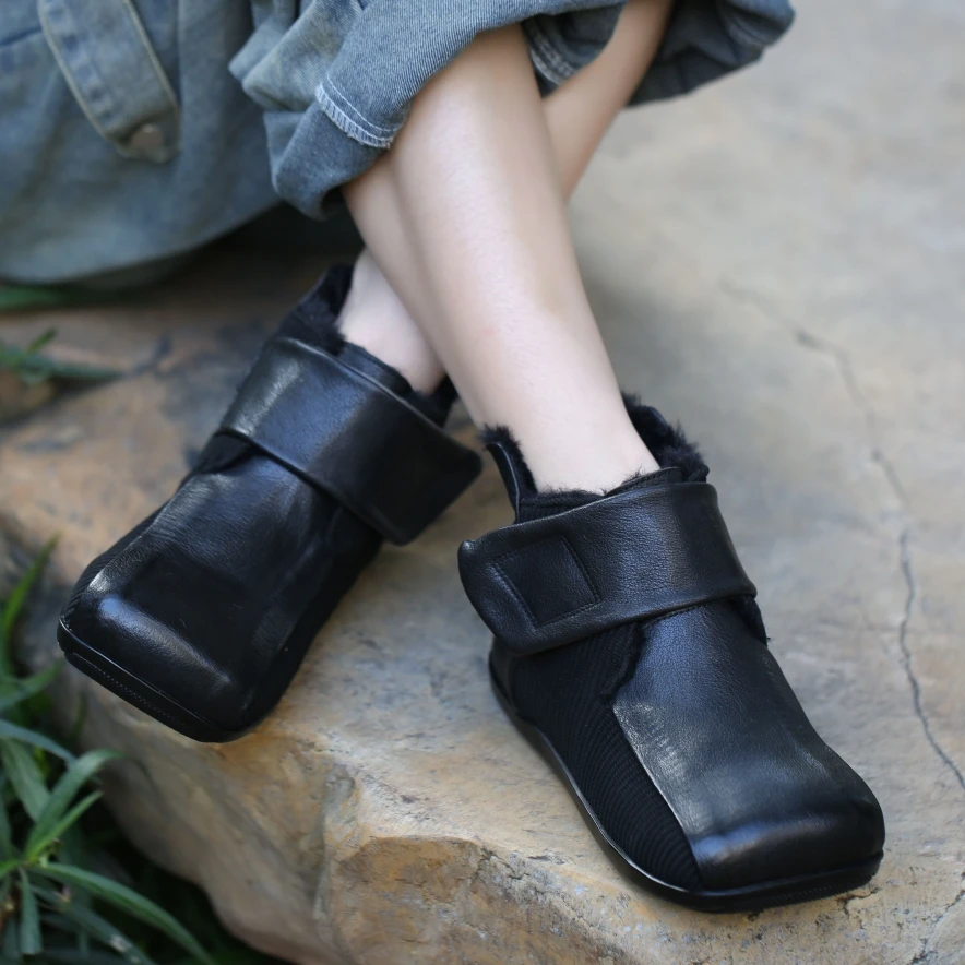 

Careaymade-100% Genuine leather large head wide version Casual short boots,Cowhide Large Plush warm Square Head Flat boots