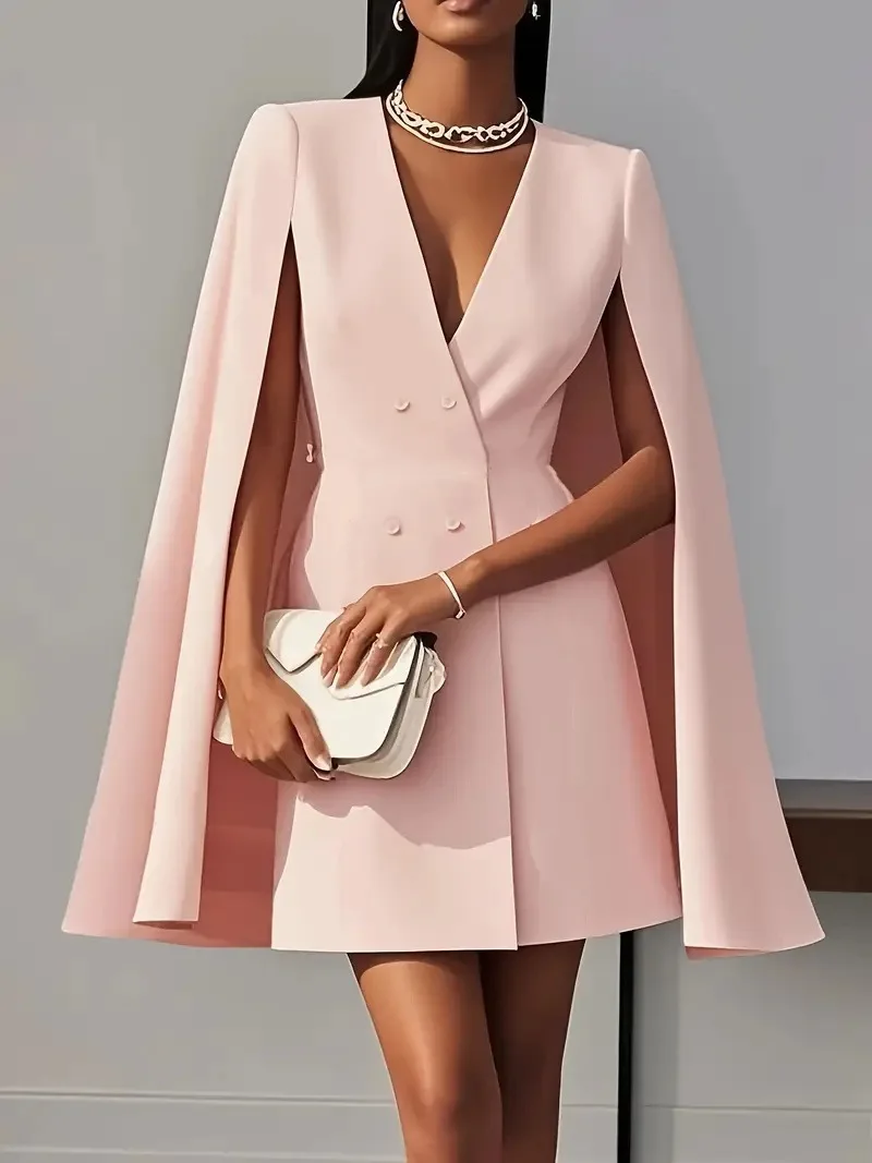2025 Women Fashion Commuter Solid Blazers Dress Office Double Breasted Waist Party Dress Elegant V-neck Shawl Cape Sleeve Dress 5