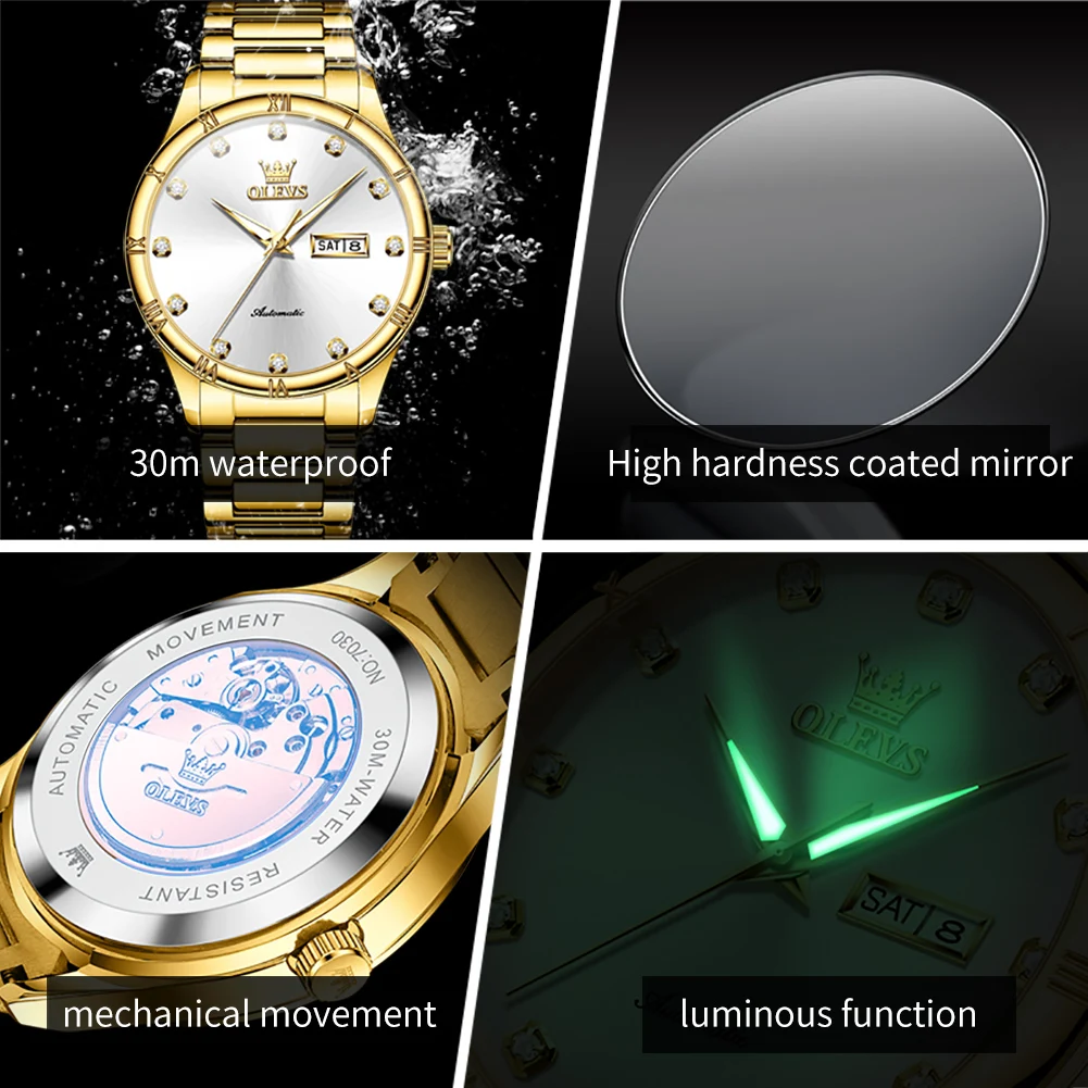 OLEVS 7030 Man Automatic Watch Classic Fashion Mechanical Watch For Men Dual Calendar 42mm Big Dial Dress Wristwatch Waterproof