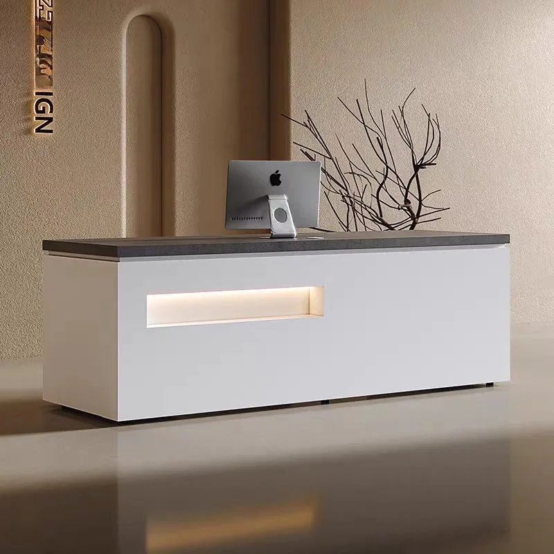 White Painted Counter Cash Desk Table Aesthetics Front Register Reception Store Customization With Light Bar Company Furniture