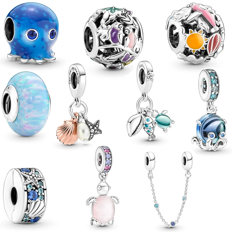 

2022 New Summer Starfish Shell Murano Glass Sea Turtle Cute Octopus Dangle Beads Fits Original Pandora Bracelets DIY Making