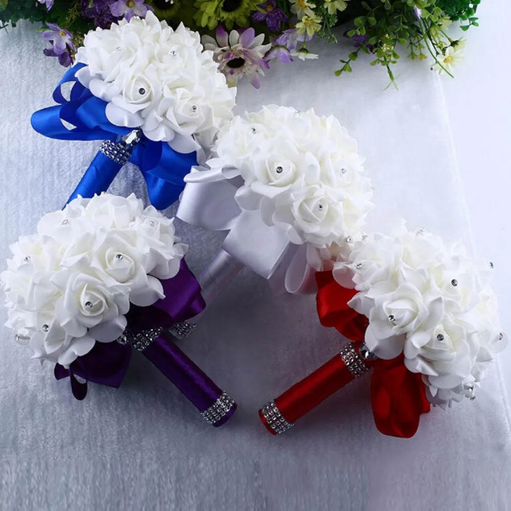 Crystal Roses Bridesmaid Wedding Flowers Bouquet Bridal Artificial Silk Flowers 