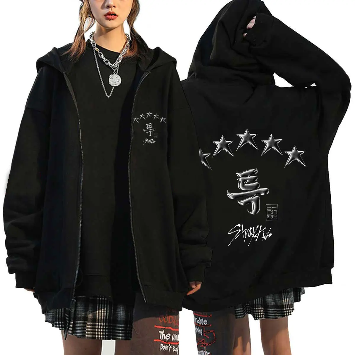 Harajuku Stray Kids 5-Sta Printed Zipper Hoodie Hip Hop Y2k Fashion Kpop Hooded Top Winter Warm Men Women Zipper Jacket Coats