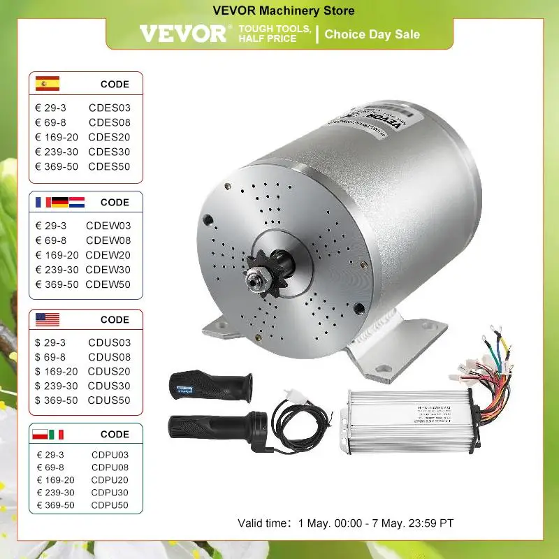 VEVOR Brushless DC Motor Electric Bikes Motor 500W-3000W 36V-72V With Speed Controller & Charger for E-Scooters Go-Karts E-Bike