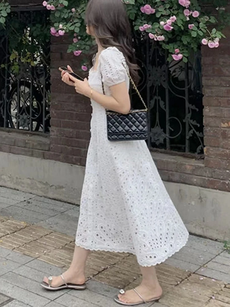 White Temperament Midi Dress Women Summer Hollow Out Elegant
