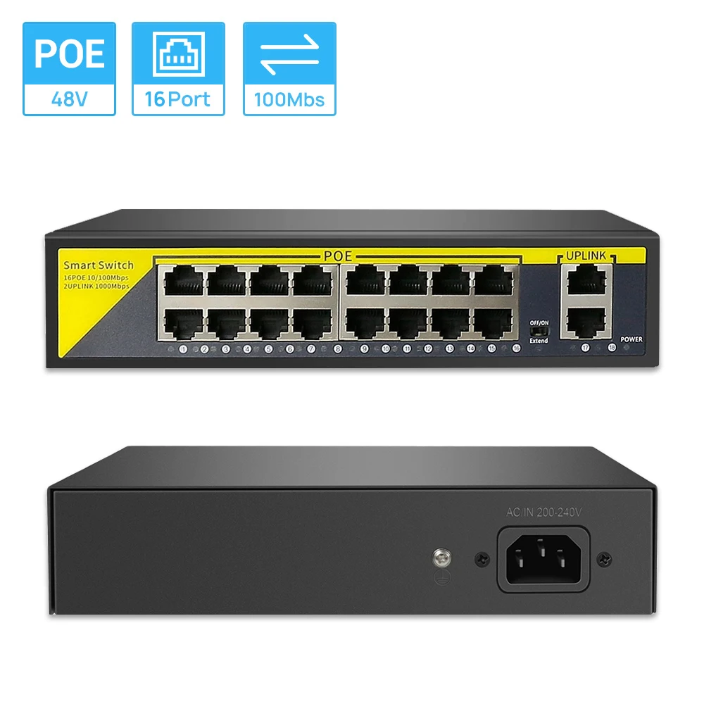 

16CH POE Switch 2 Uplink Etherne Ports+16 POE Ports IEEE802.3af 10/100Mbps POE48V For IP Camera NVR CCTV Security System