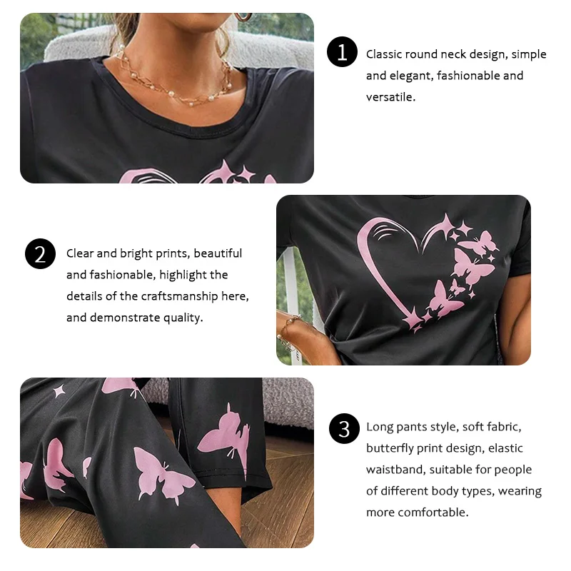 طقم بيجامة مطبوع على شكل فراشة وقلب للنساء ، أكمام...