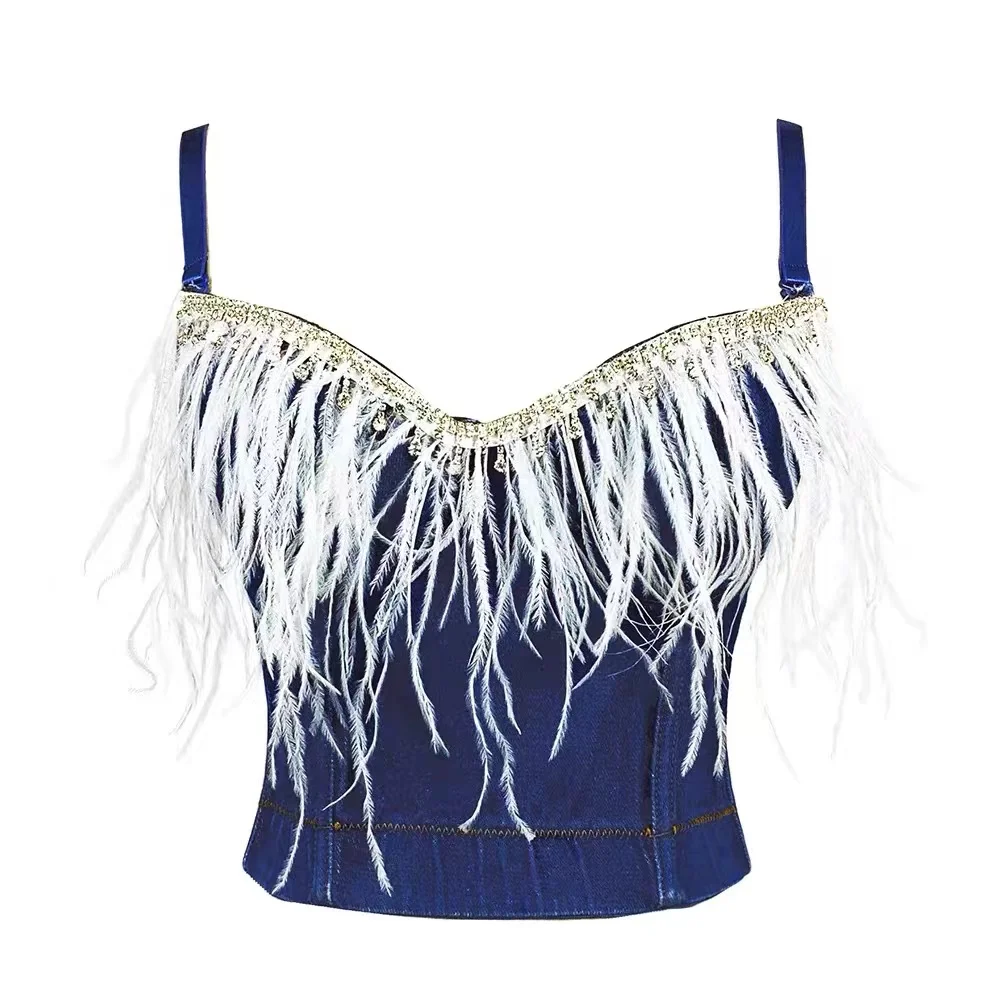 

Luxury Feather Tassel Fluffy Sexy Strapless Women's Solid Color Off Shoulder Party Tank Top Female 2023 summer crop top