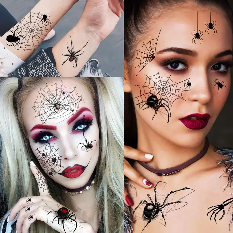 Tatouages Temporaires Halloween - 5 Toiles D'araignée 3D + 10 Paires Eye-liner Ombre à Paupières, Noir, Facile à Appliquer