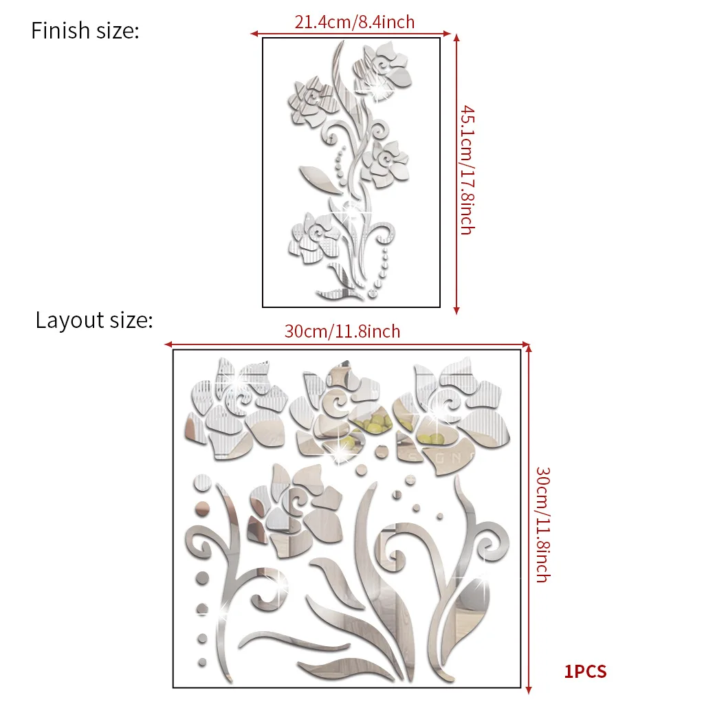 Rose Flower Acrylic Mirror Wall Stickers Living Room Bedroom Wall Decoration Home Decor