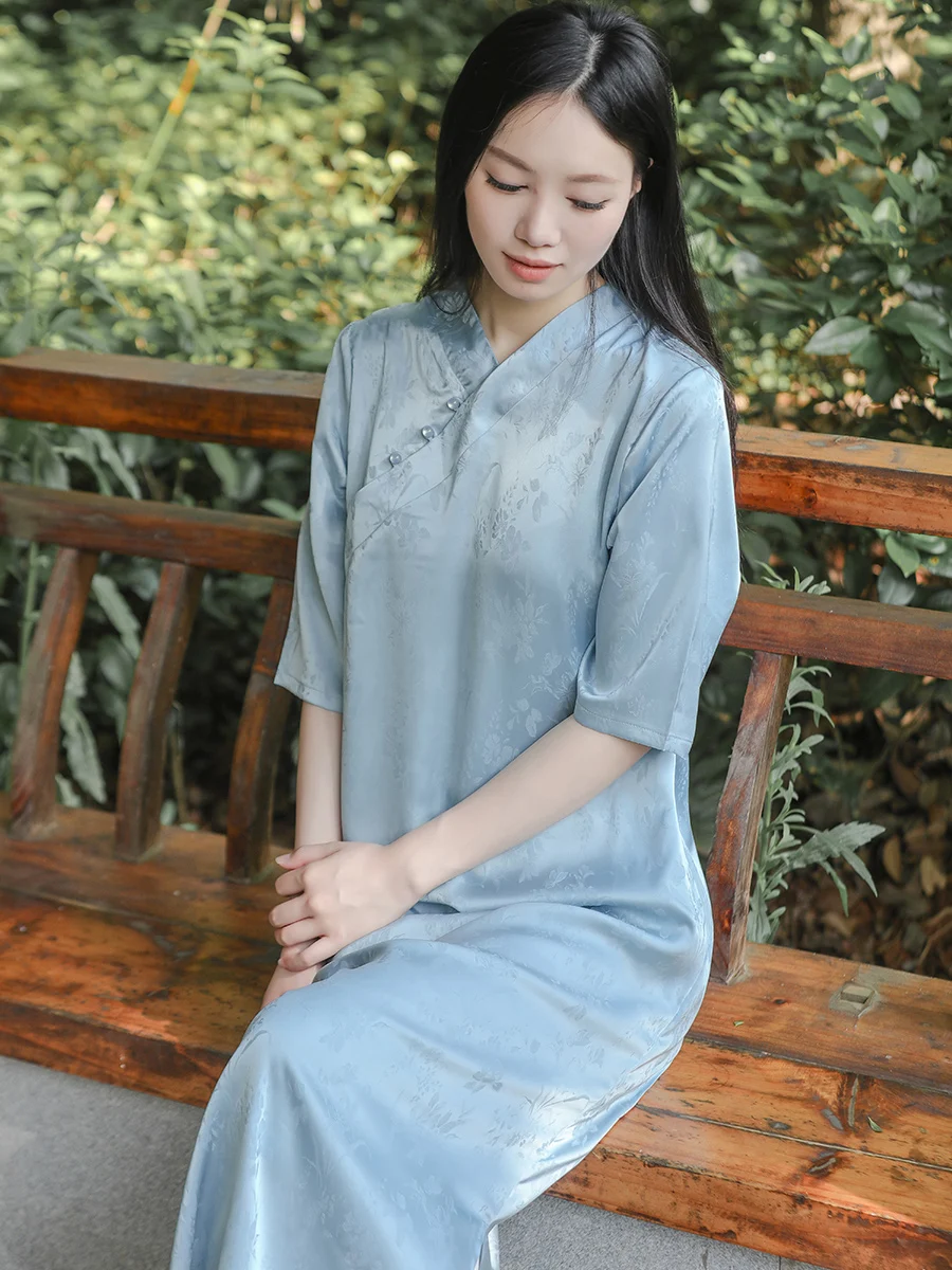 LZJN 여성용 브이넥 치파오 원피스 슬리밍 슬릿 롱 스커트, 단색 반팔 데일리 카디건, 얇은 자카드 원피스, 여름