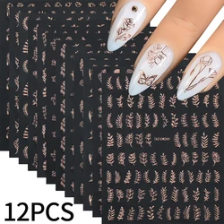 Exquisite 3D Gold Floral Leaf Nail Art Stickers - Metallic Self - Adhesive Decals for DIY Retro Manicure Decor (12 Pieces) (Rose gold)