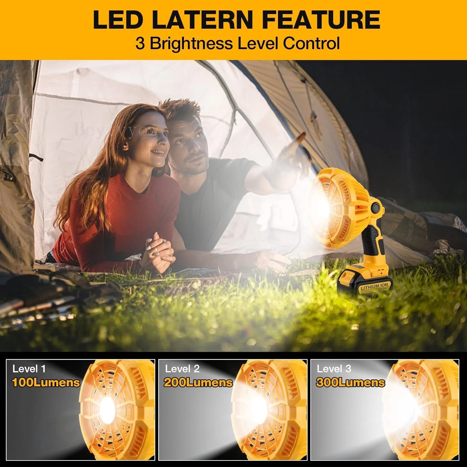 Cordless Fan for Dewalt 20V Battery Portable Camping Fan 3300RPM with LED Light 5V/2.1A USB Port For Outdoor Indoor Power Outage