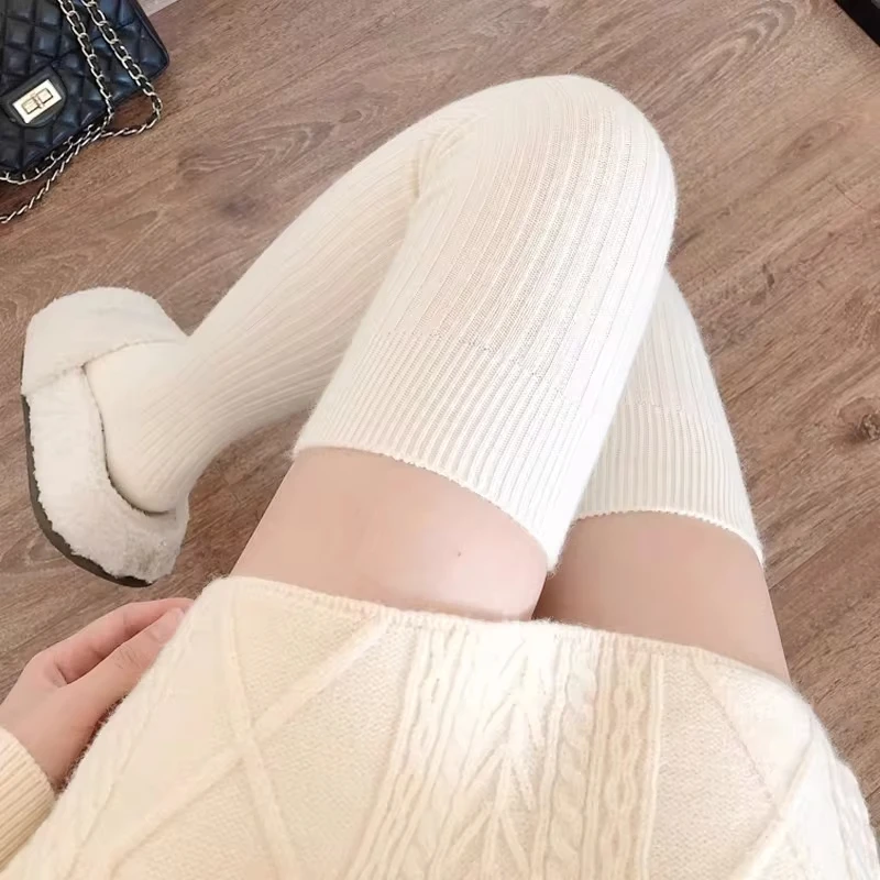 Woman Wool Socks Autumn/Winter Solid Color Thigh High Medias Lolita Thick Warm Stockings for Female