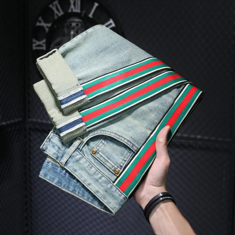 

Side Red and Green Stripes Jeans Men's High-End Design Slim Fit Skinny Casual Trend Fashionable Retro Distressed Blue Trousers