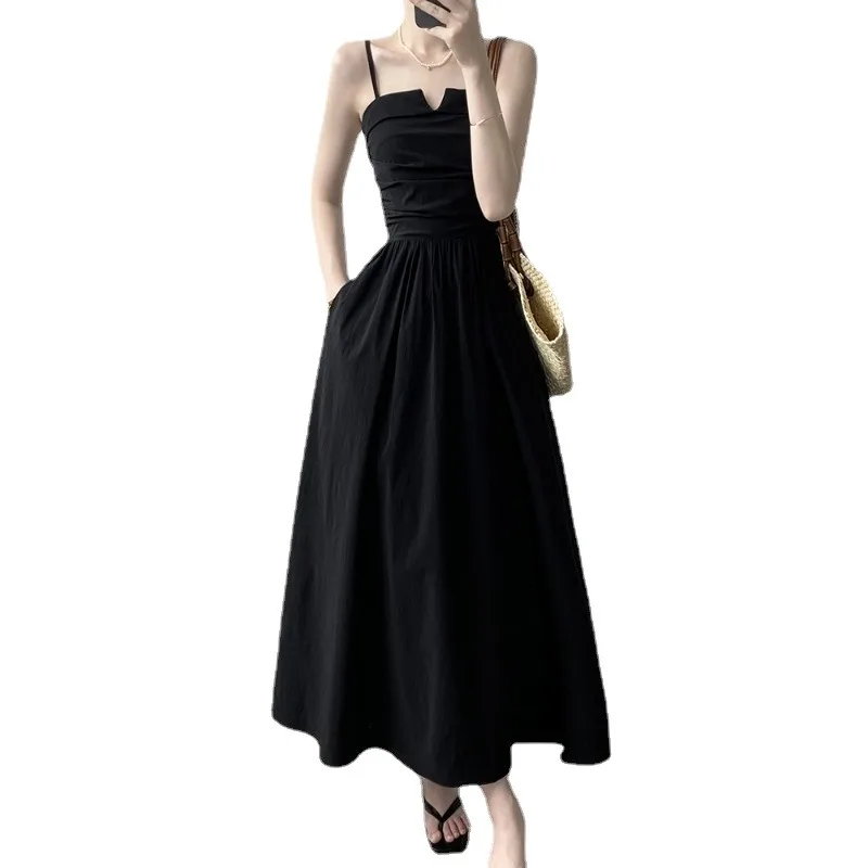 

French Vintage Strap Sleeveless Dress 2023 Autumn New Ruffled Elastic Waist Wrap Bra One Line Neck Pocket Party Dance Long Skirt