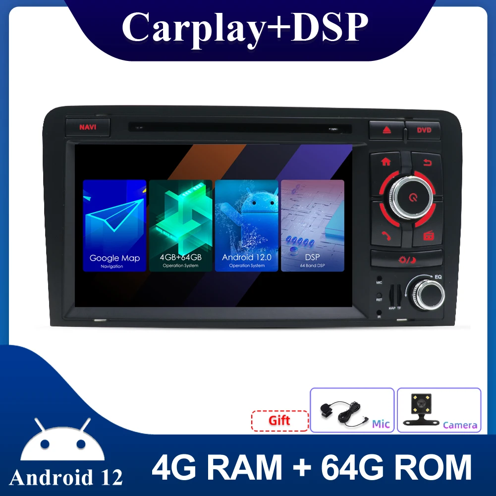 64G Double 2 Din Car Multimedia Lettore Dvd Autoradio Stereo Head Unit Per Audi A3 8P S3 Rs3 Sportback 2003 Android 12 Carplay Cd