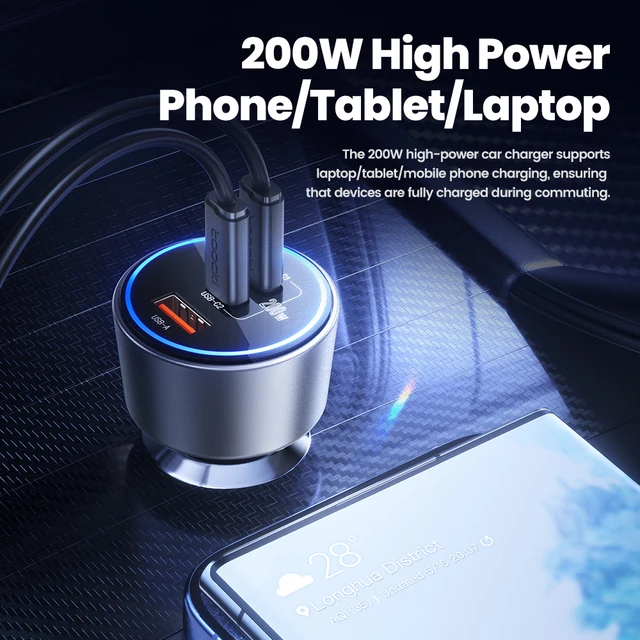 Toocki 200 واط شاحن سيارة شحن سريع 4.0 PPS 45 واط PD 100 واط شحن سريع USB C شاحن هاتف السيارة لماك بوك آيفون 15 14 سامسونج