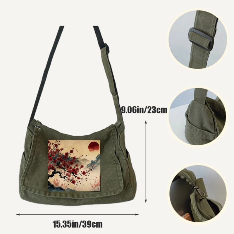 Artistic Women's Shoulder Bag Japanese Print Large Capacity Messenger Bag Canvas for Travel Crossbody Bag