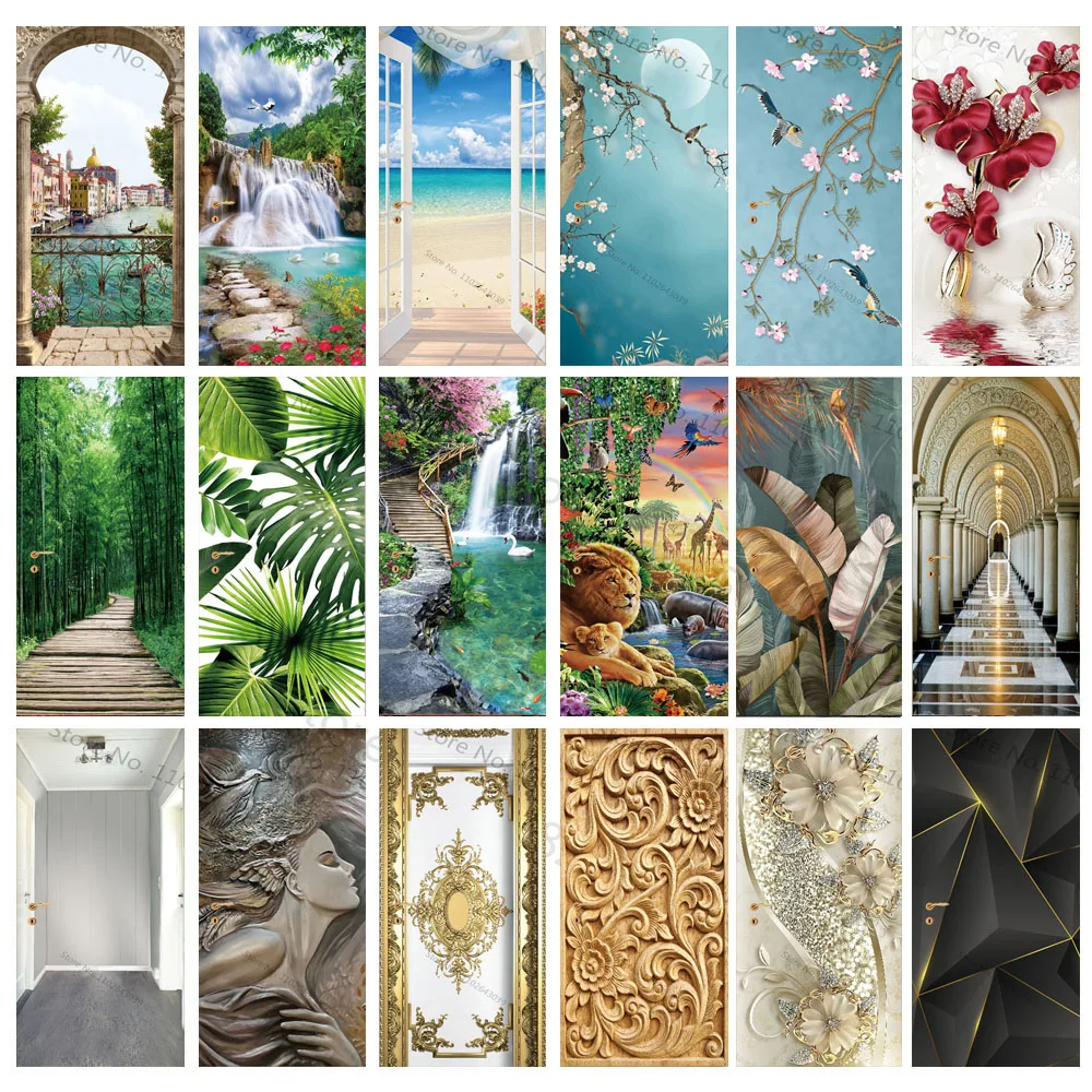 

Lion Jungle Door Stickers Self-adhesive PVC Full Cover on the Fridge Bedroom Living Room Waterfall Bamboo Wallpaper Poster Mural