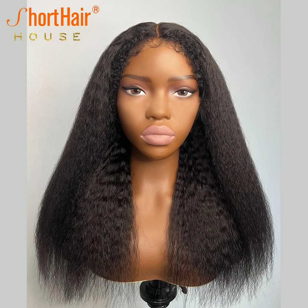 Short Cut Bob Wigs Kinky Straight Human Hair Wigs 13x4 Lace Frontal Yaki Straight Long Hair Layered Style Natural Black